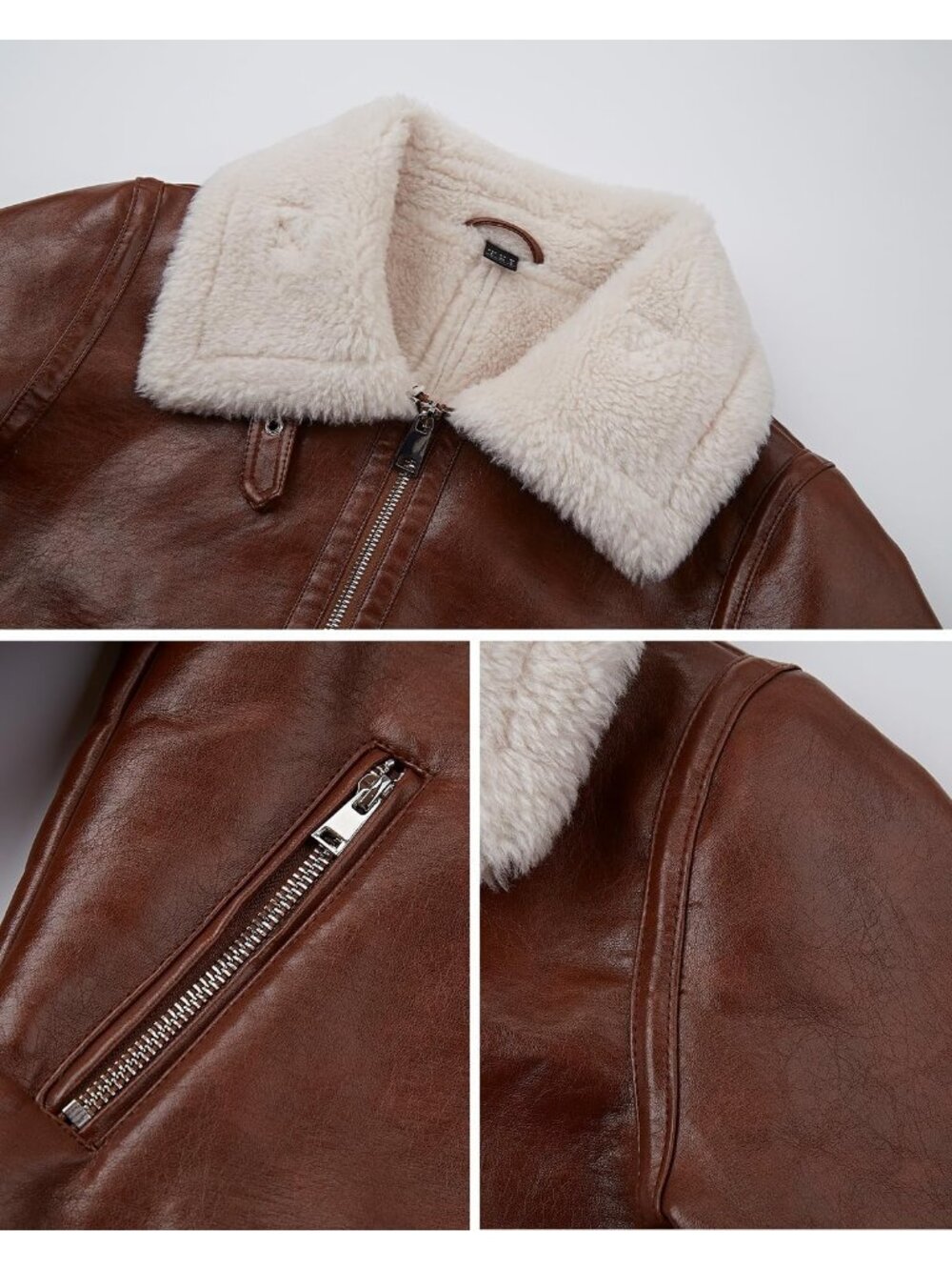 Women's Brown Poly urethane Oversized Motorcycle Zipper Casual Leather Jacket - Picture 4 of 5